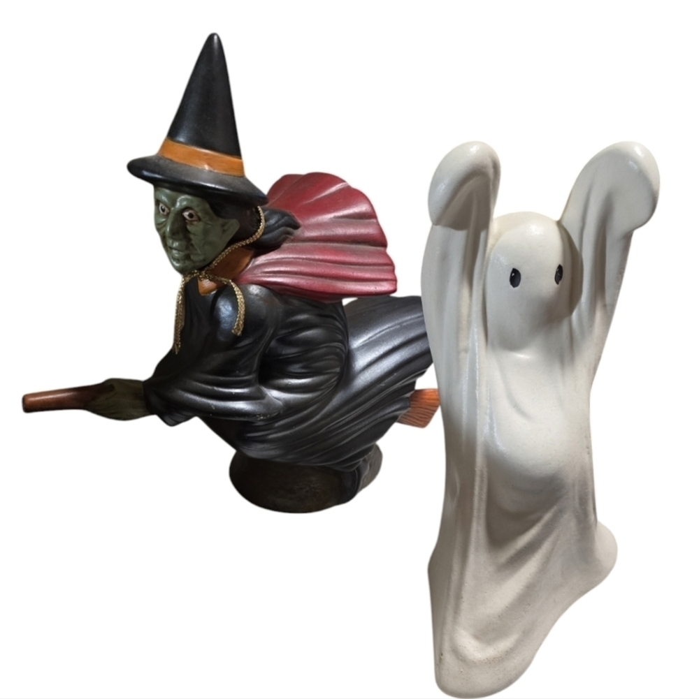 Set of 2 Vintage 1970s ceramic witch and ghost both 11" tall